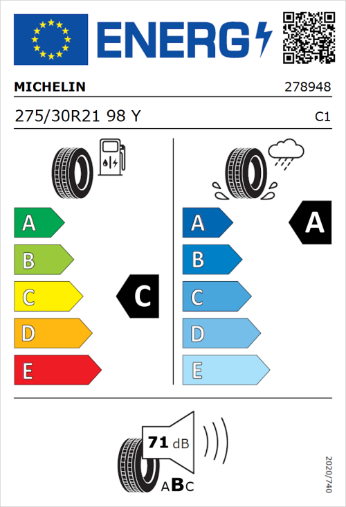 Tyre Label for Michelin Pilot Sport 4 S 275/30R21 98Y