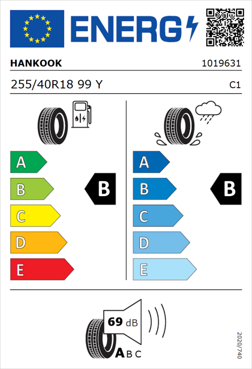 Tyre Label for Hankook Ventus S1 Evo 3 Runflat (K127B) 255/40R18 99Y