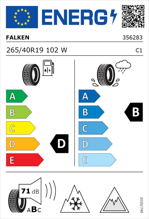 Tyre Label for Falken Euroall Season AS220 PRO 265/40R19 102W