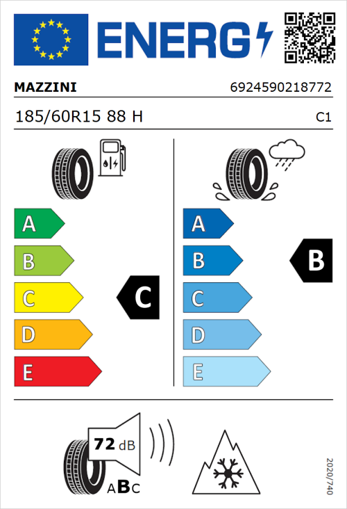 Tyre Label for Mazzini Versat-AS8 185/60R15 88H