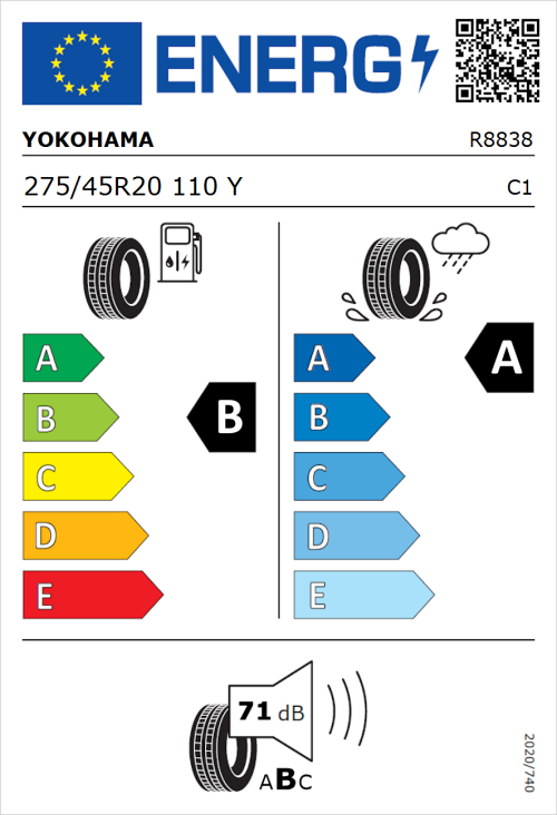 Tyre Label for Yokohama Advan Sport 275/45R20 110Y