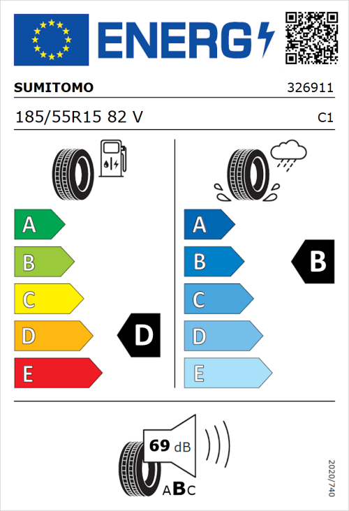 Tyre Label for Sumitomo BC100 185/55R15 82V